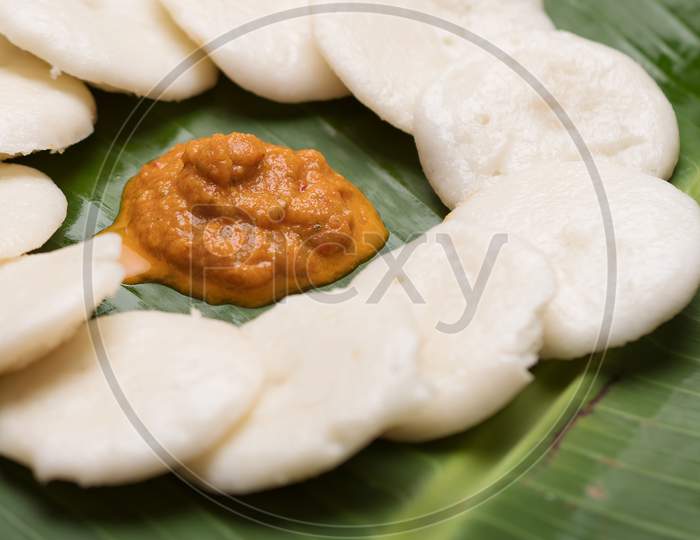 South Indian Dish, Idli Sambar On A Banana Leaf
