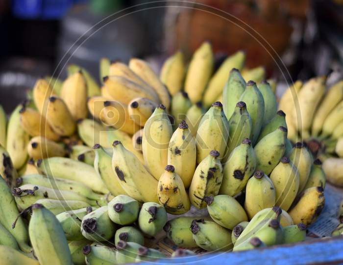 Banana Fruit On Sale In The Market Patuli Floating Market, Kolkata, India.