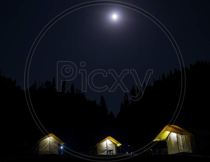 Night Camps With Moon In Chopta, Uttrakhand