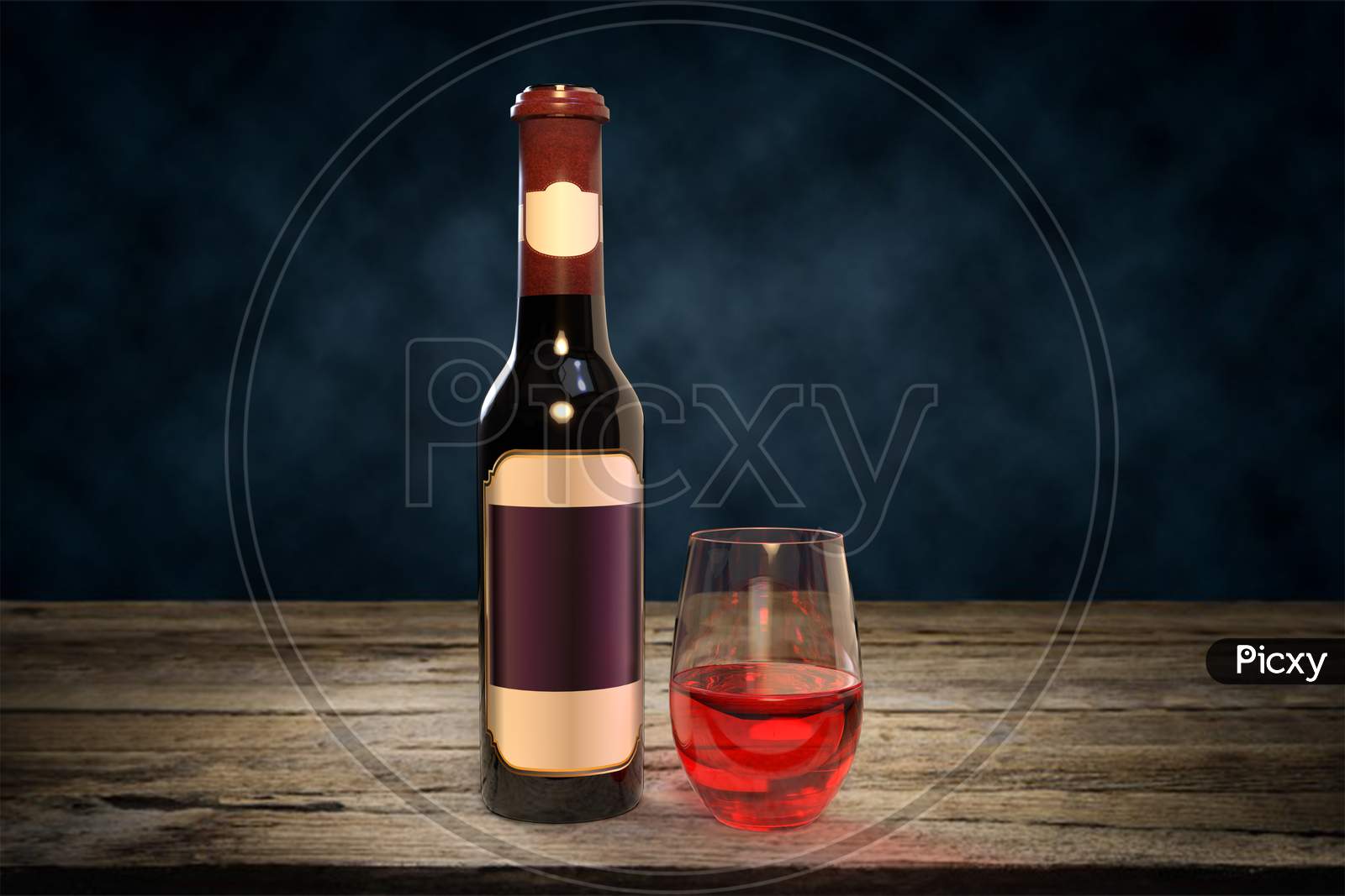 Red Wine Glasses And Bottle With Blank Mockups Isolated At Wooden Table Top In Dark Background, 3D Rendering
