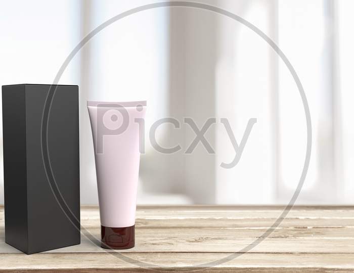 A Blank Cosmetic Tube And Black Card Bode Box In White Background For Beverage Product Mockups, 3D Rendering