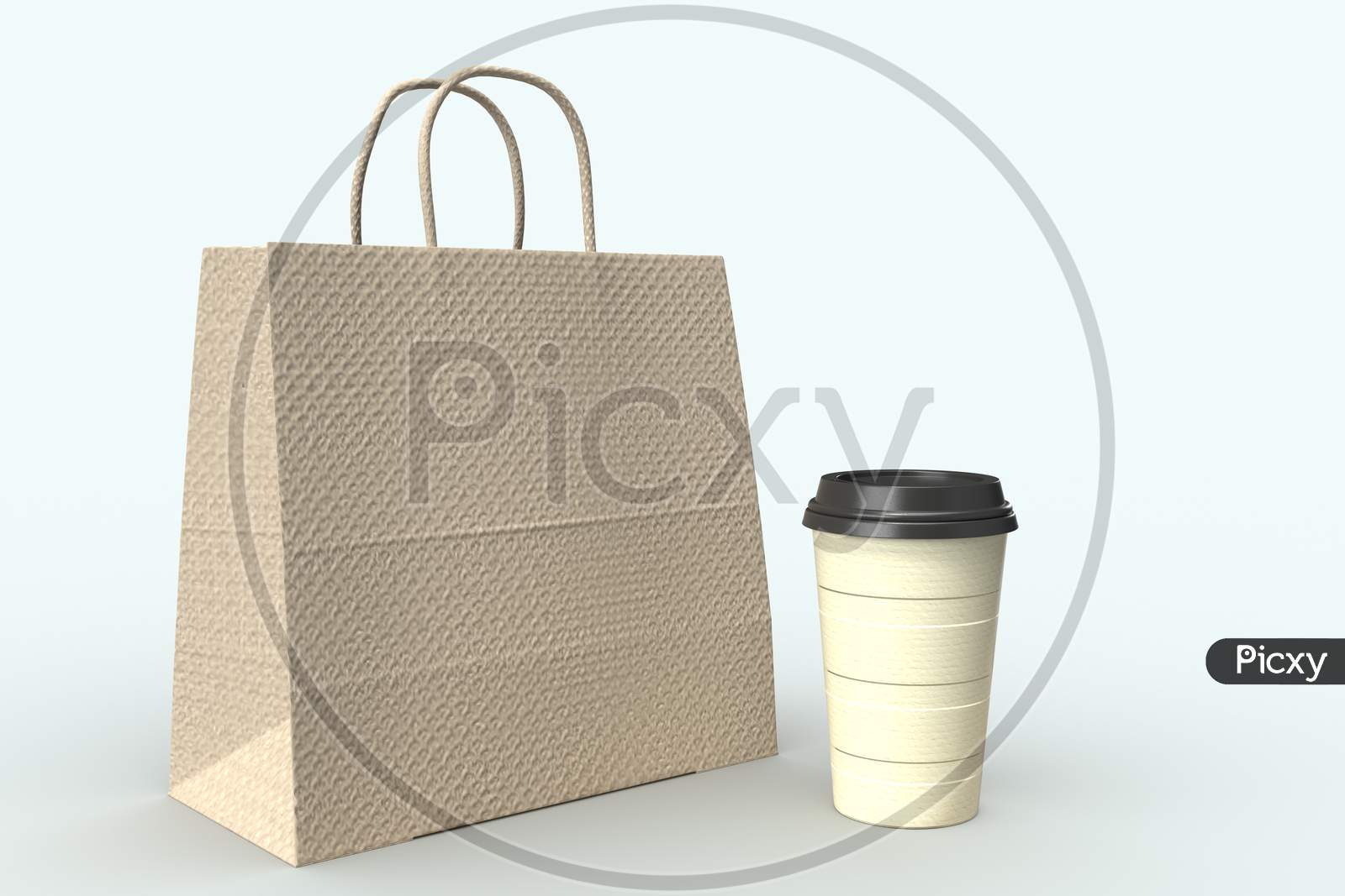 Realistic Looking Shopping Bag And Disposable Coffee Cup With Blank Mockups Isolated In White Background, 3D Rendering