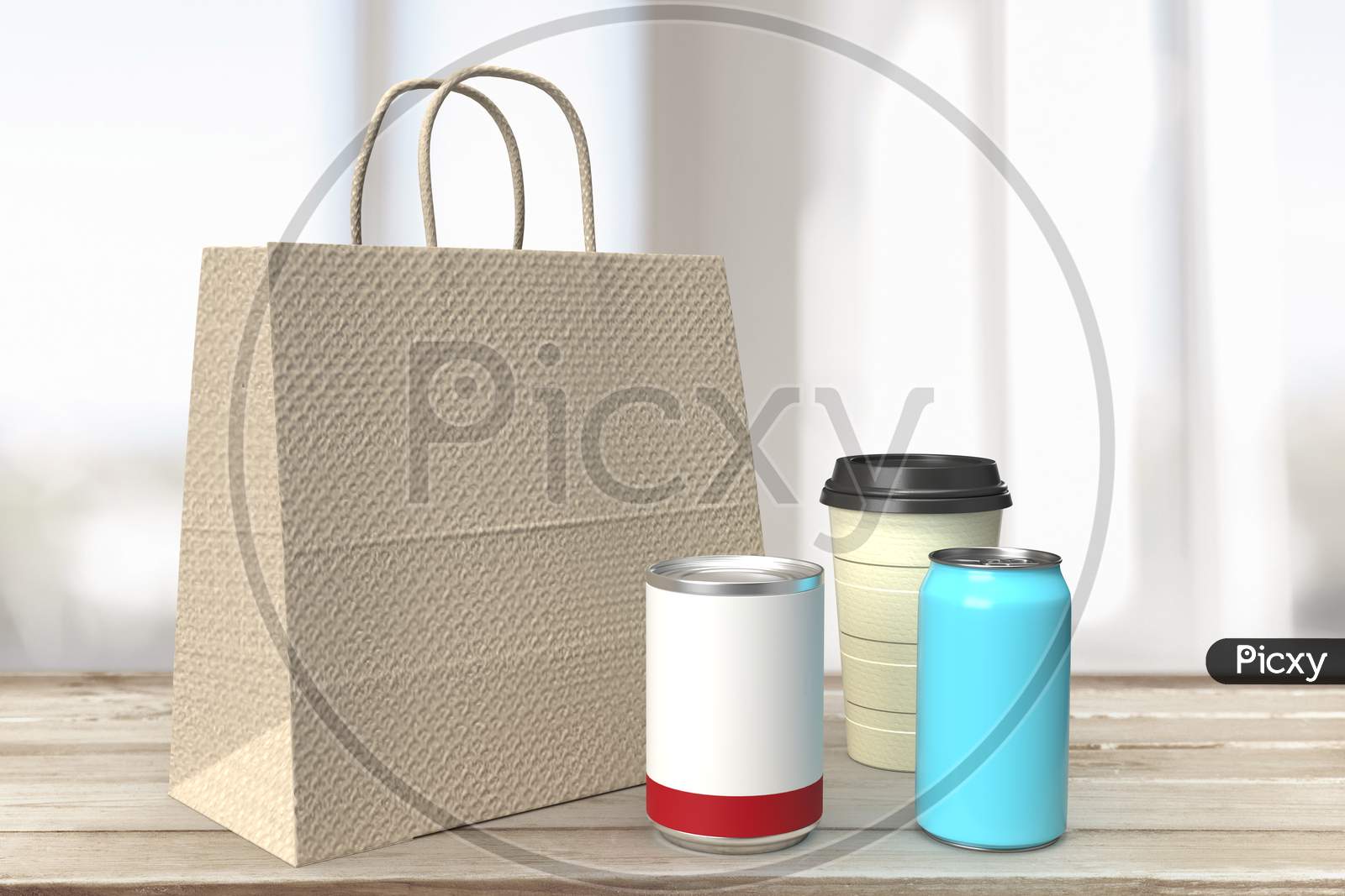 Realistic Looking Shopping Bag, Disposable Coffee Cup, Soda Can And Food Can With Blank Mockups At Wooden Table Top In Blurred Background, 3D Rendering