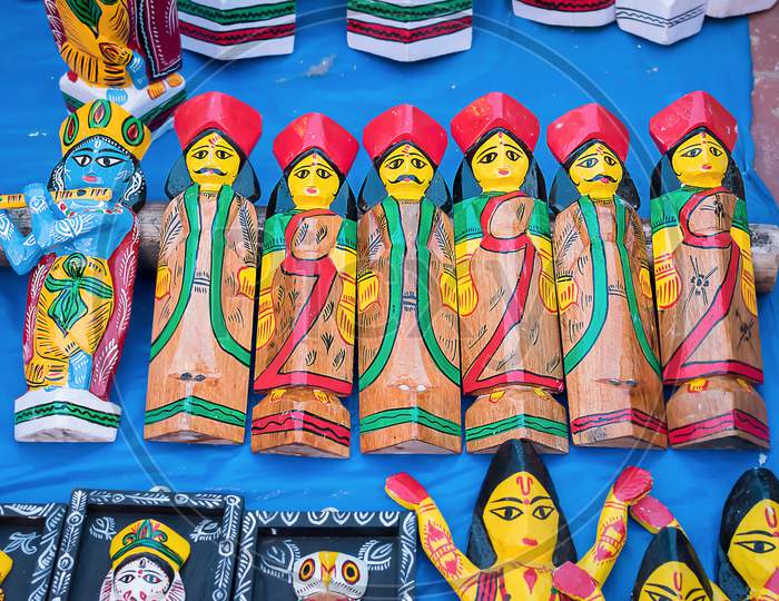 Indian Traditional Handmade Wooden Toys Are Displayed In A Street Shop For Sale. Indian Handicraft And Art
