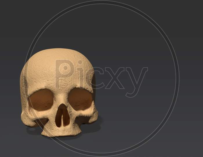 Front View Of Upper Half Human Skulls Isolated In Black Background, 3D Rendering