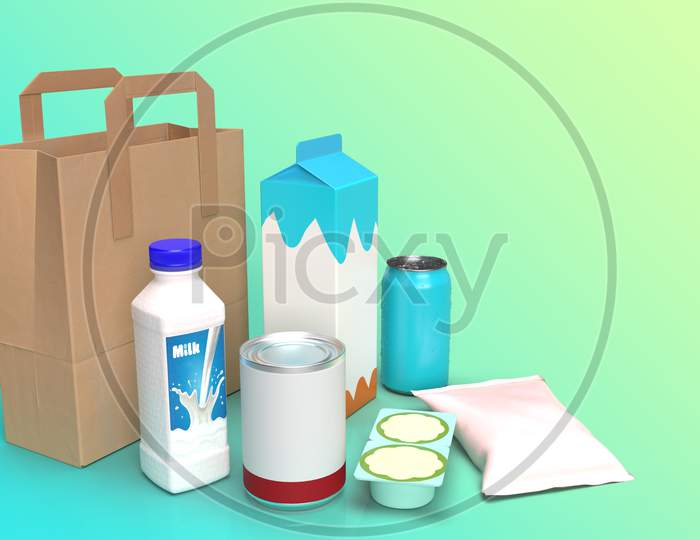 Food Bag, Square Bottle, Drink Carton, Food Can, Food Pouch And Yogurt Container With Blank Mockups Isolated In Blue Green Background, 3D Rendering