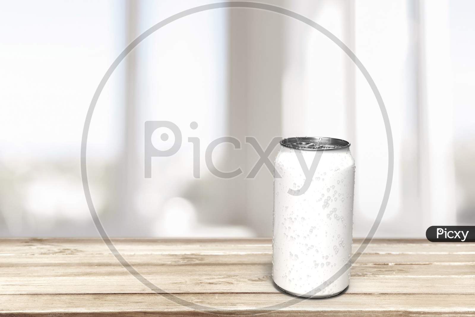 A White Metallic Soda Can With Liquid Condensation On Surface Isolated At Wooden Table Top In Blur Background For Beverage Product Mockups, 3D Rendering