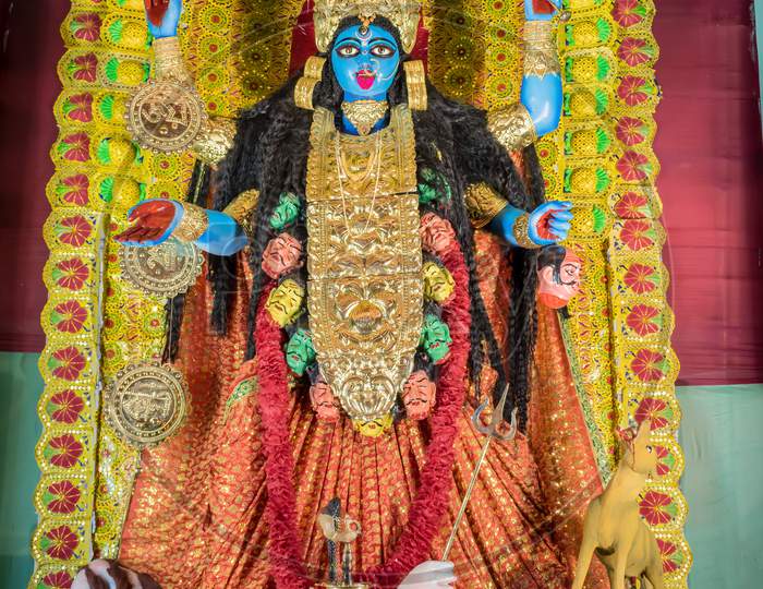 Goddess Kali Idol Decorated At Puja Pandal, Kali Puja Also Known As Shyama Puja Or Mahanisha Puja, Is A Festival Dedicated To The Hindu Goddess Kali, Celebrated On The New Moon Day In West Bengal.
