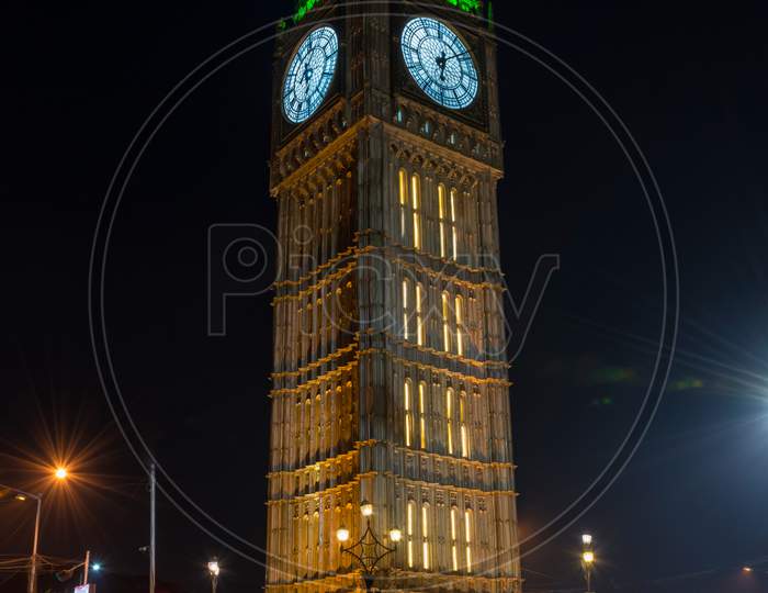 Big Watch Or Clock Tower Partial Display As Clone Model Of Big Ben Watch Tower Of London, On Public Street At Lake Town, Kolkata, India For Public.
