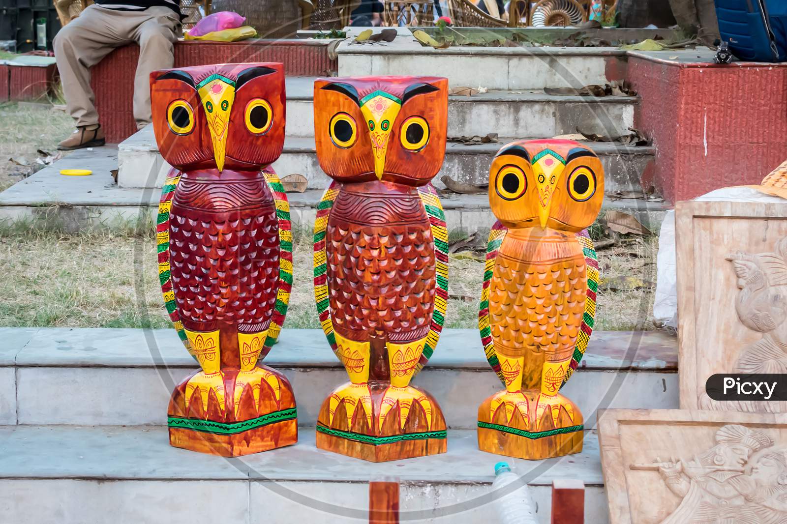 Indian Traditional Handmade Wooden Toys Owl Shaped Is Displayed In A Street Shop For Sale. Indian Handicraft And Art