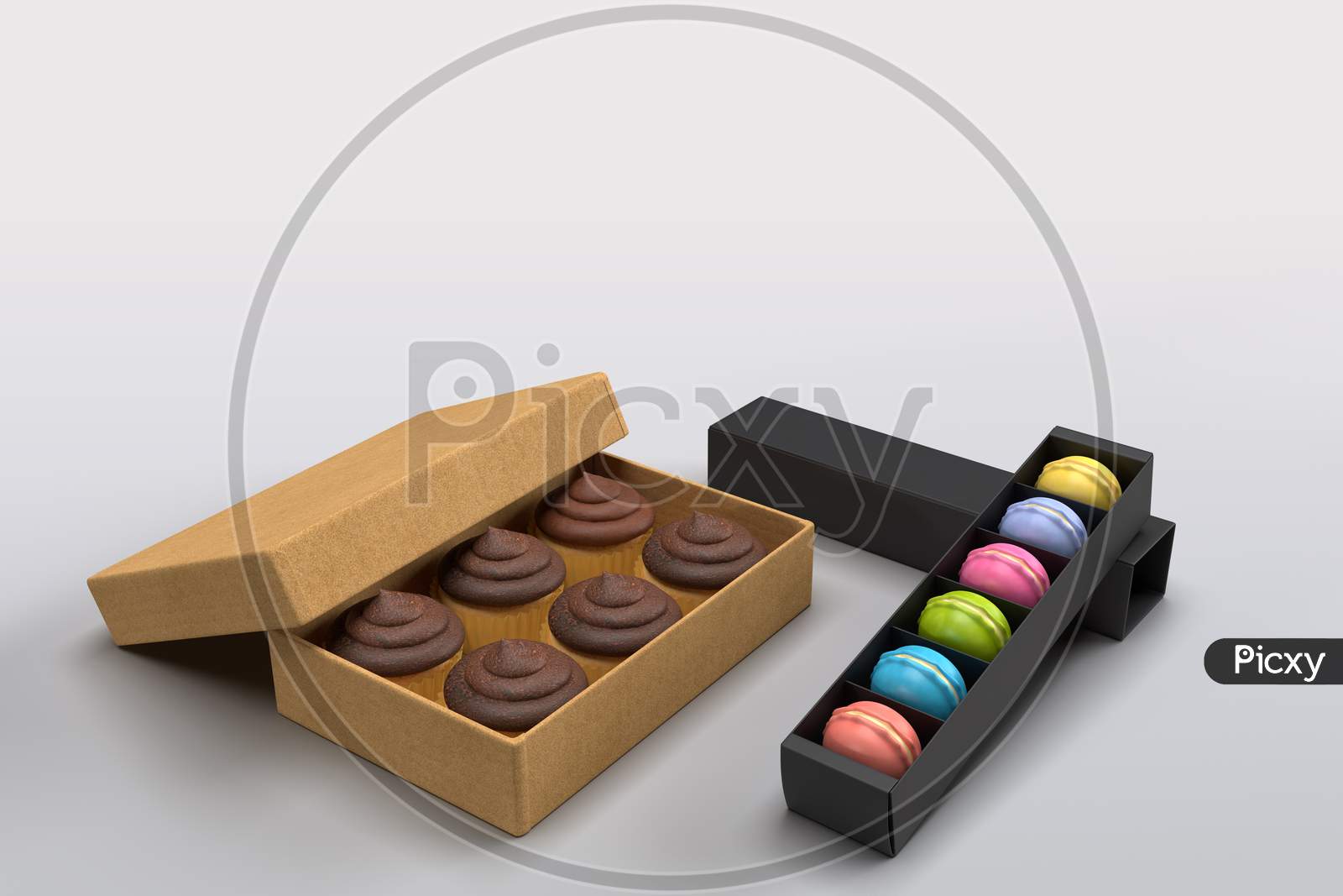 A Box Full Of Cupcakes And Macaroons Box With Blank Mockups Isolated In White Background. Fast Food Lifestyle Concept, 3D Rendering