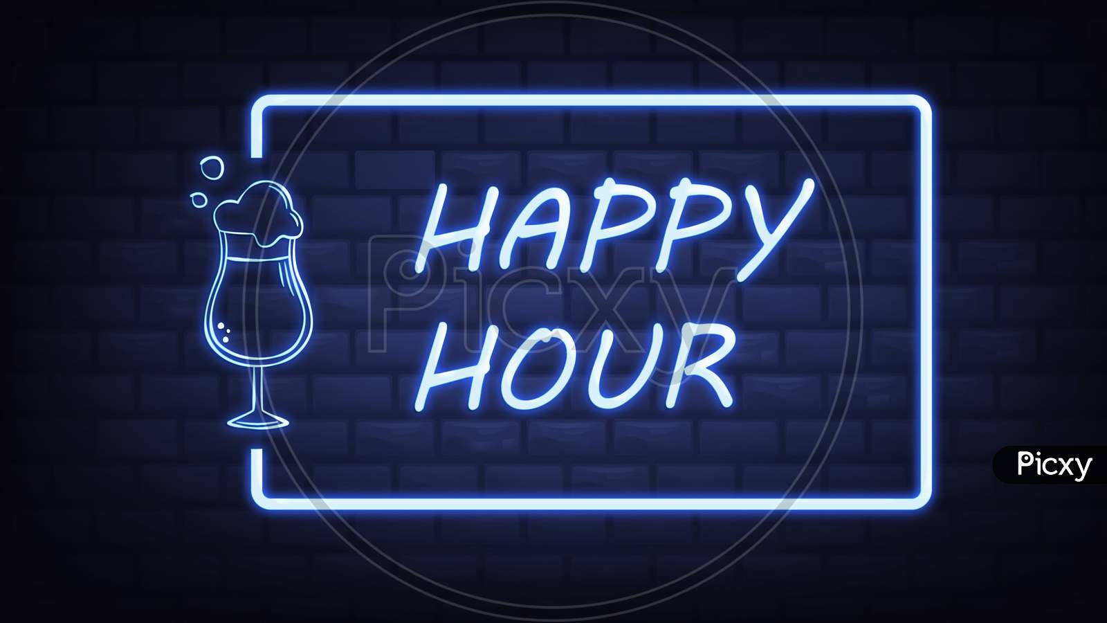 Happy Hour Neon Sign Illustration Use For Landing Page,Website, Poster, Banner, Flyer, Background, Gift Card, Coupon, Label,Sale Promotion, Advertising, Marketing.Bar Sign, Beer Sale Promotion.