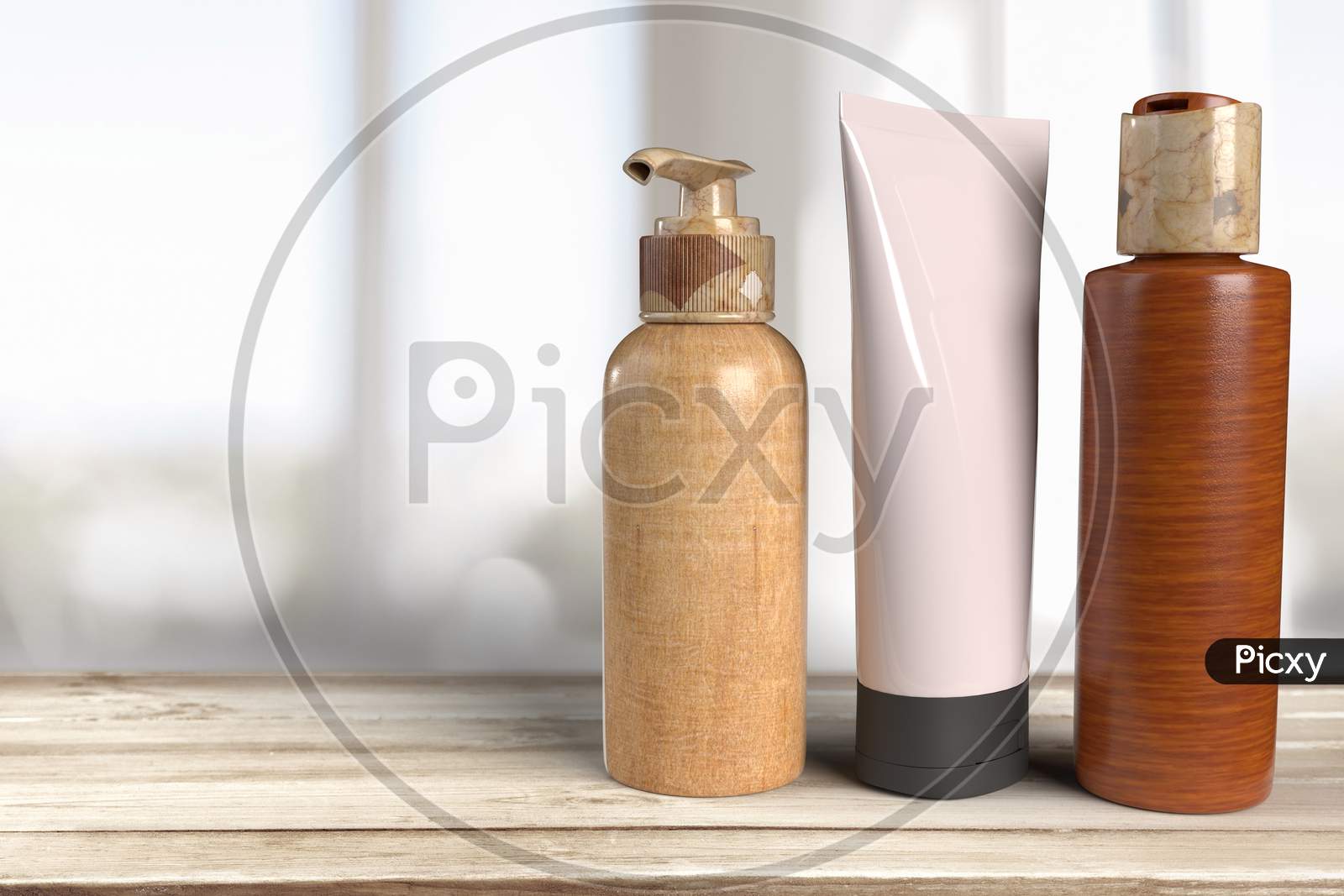 Cosmetic Set A Pump Lid Bottle, A Flip Lid Bottle And A Squeeze Tube With Blank Mockups Isolated At Wooden Table Top In Blur Interior Background, Hygienic Lifestyle Concept. 3D Rendering