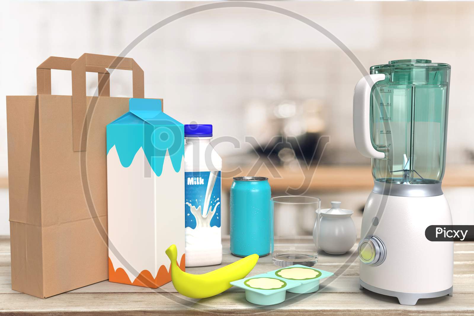 Realistic Looking Cardboard Bag, Healthy Breakfast, Mixer Grinder, Milk Cartoon, Glass Container, Soda Can And Ripe Fruits At Wooden Table Top In Blurred Kitchen Interior Background, 3D Rendering