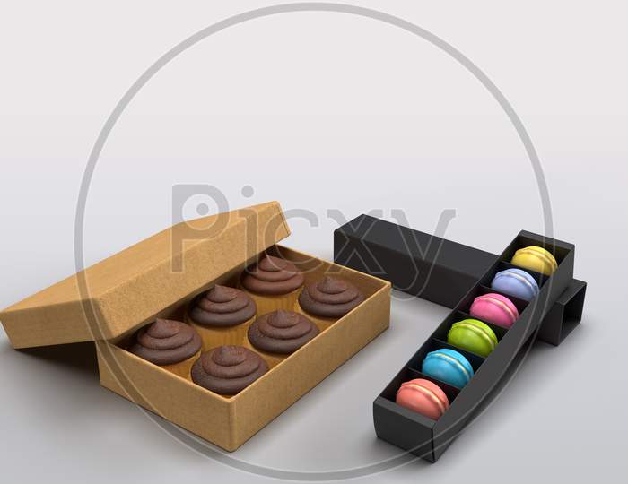 A Box Full Of Cupcakes And Macaroons Box With Blank Mockups Isolated In White Background. Fast Food Lifestyle Concept, 3D Rendering