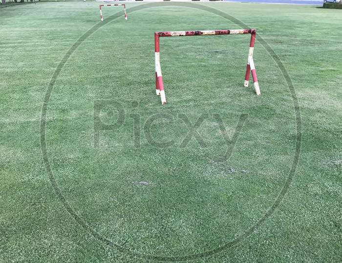 Green Turf Background For An Playground Of Small Goal Post Can Be Used For Rugby And Ground Is Ready