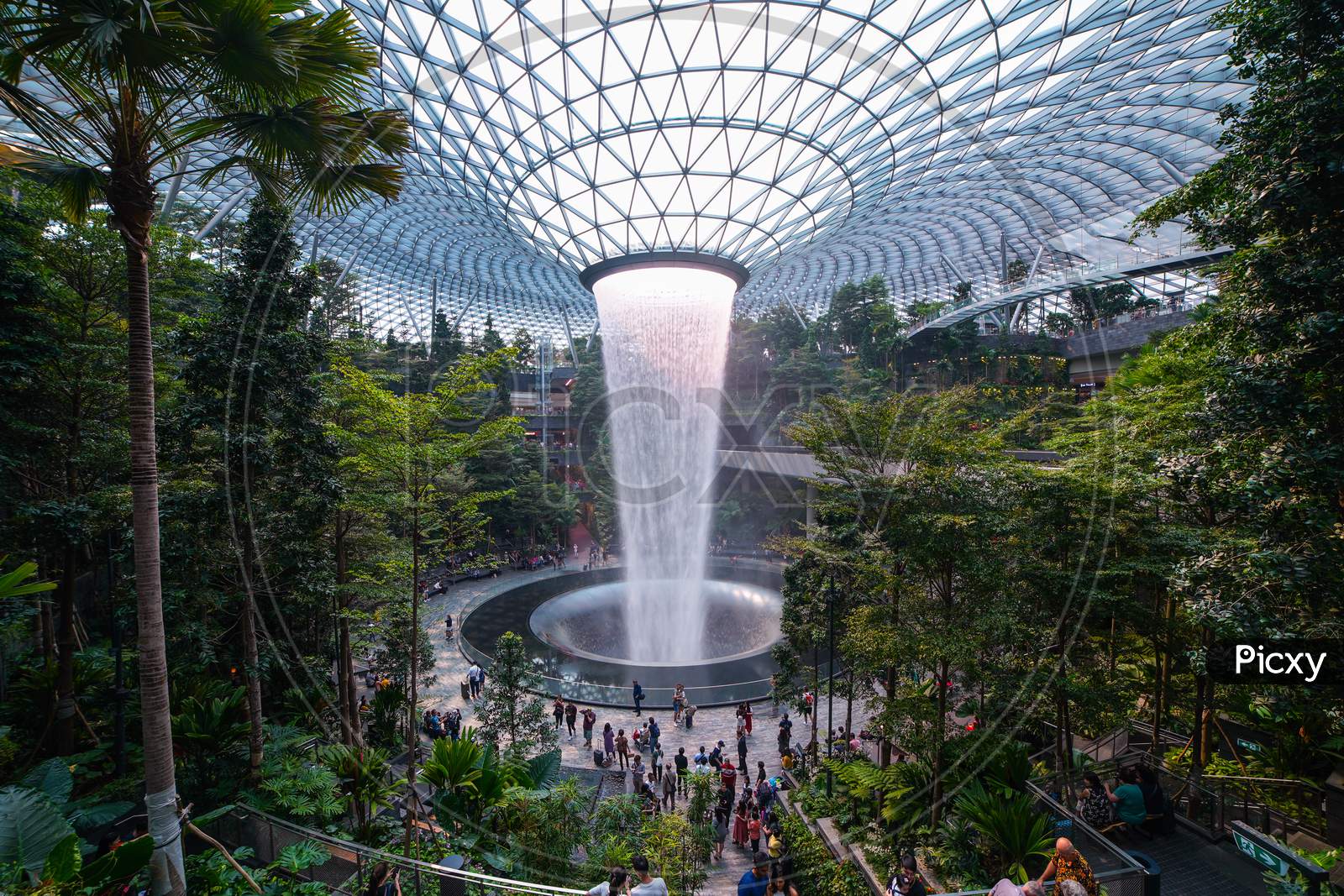 Jewel Changi Airport Rain Vortex. This is the largest indoor waterfall in the world and the centerpiece of Jewel Changi Airport. Singapore