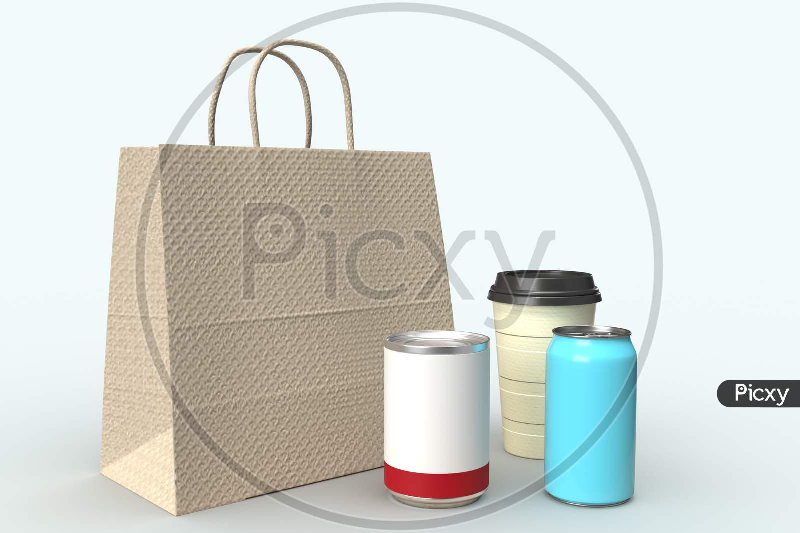 Realistic Looking Shopping Bag, Disposable Coffee Cup, Soda Can And Food Can With Blank Mockups Isolated In White Background, 3D Rendering