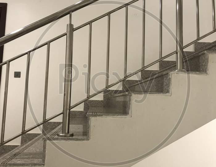 Fire Emergency Staircase Single Flight Images Which Includes Waist Concrete Slab Tread Riser Finished By Granite And Stainless Steel Hand Rail In Slope