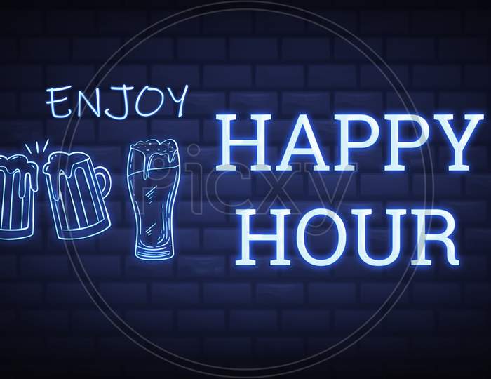 Enjoy Happy Hour Neon Sign Illustration Use For Landing Page,Website, Poster, Banner, Flyer, Background, Gift Card, Coupon, Label,Sale Promotion, Advertising, Marketing.Bar Sign, Beer Sale Promotion.