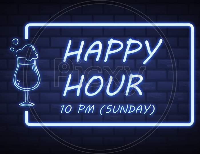Happy Hour 10 Pm Friiday Neon Words Illustration Use For Landing Page,Website, Poster, Banner Background, Gift Card, Coupon, Label,Sale Promotion, Advertising, Marketing.Bar Sign, Beer Sale Promotion.