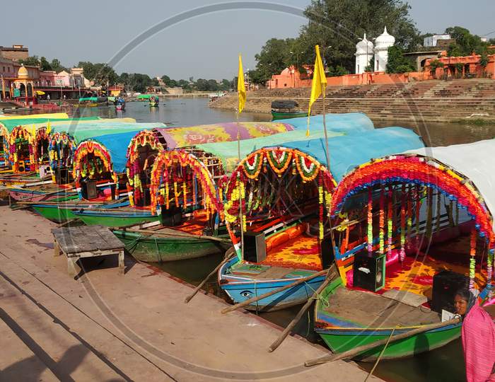 December 20 2018, Chitrakoot, India Boats On The Banks Of Mandakini River In Ram Ghat Chitrkoot.