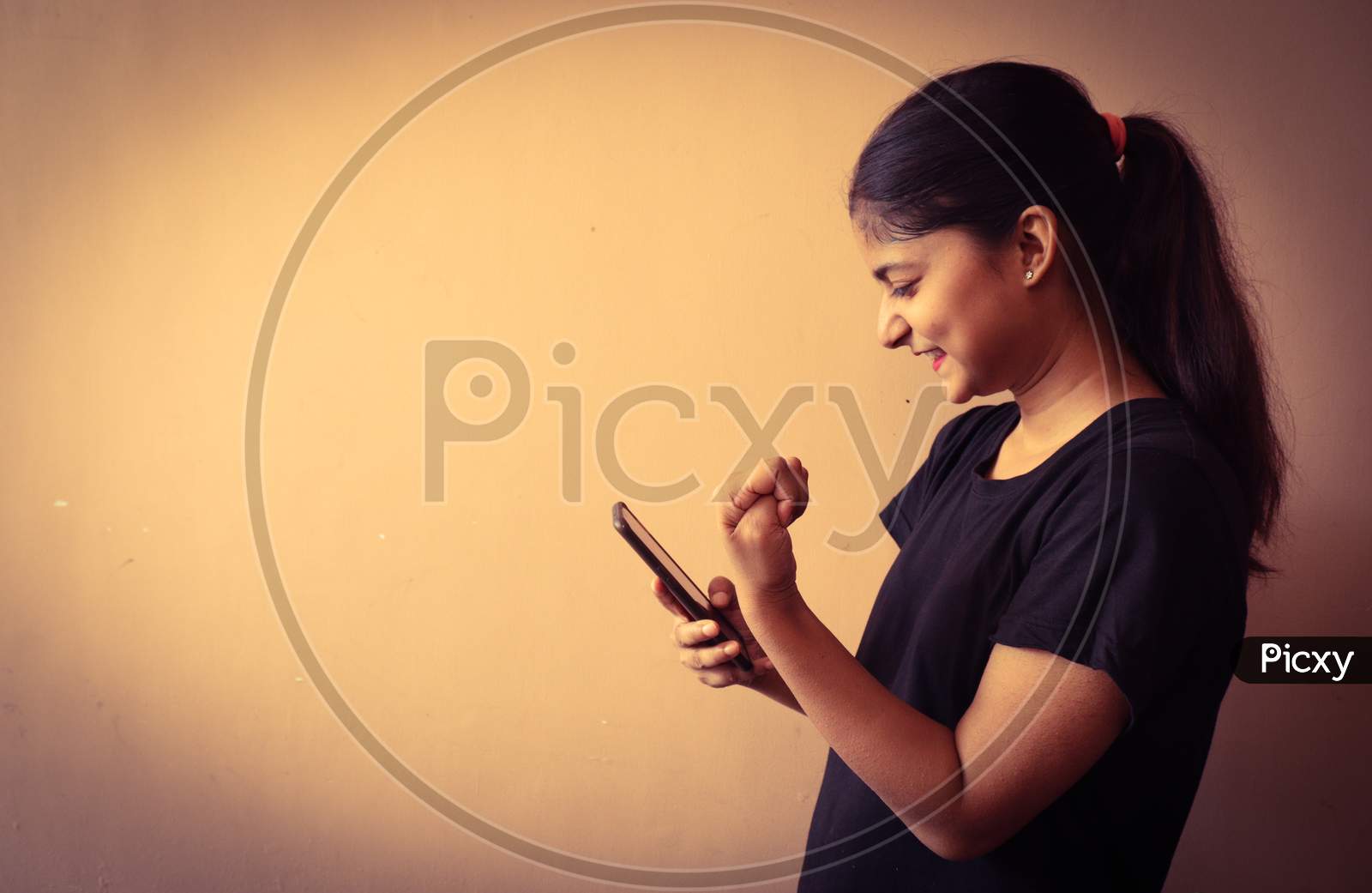 women talking on mobile phone with copy space