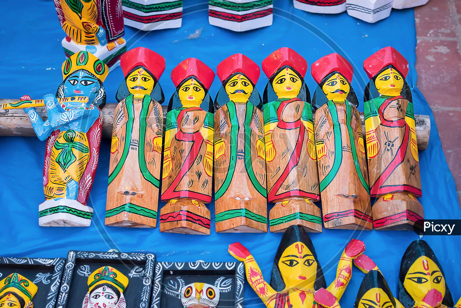 Indian Traditional Handmade Wooden Toys Are Displayed In A Street Shop For Sale. Indian Handicraft And Art