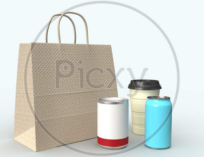 Realistic Looking Shopping Bag, Disposable Coffee Cup, Soda Can And Food Can With Blank Mockups Isolated In White Background, 3D Rendering