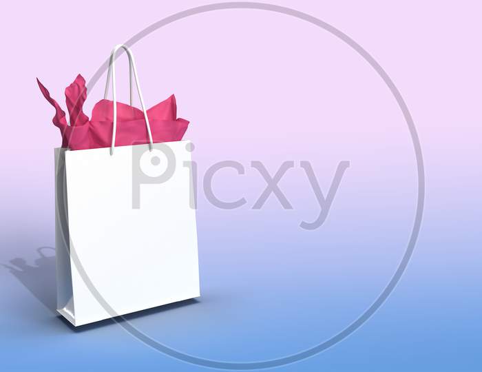 White Gift Shopping Bag Mock Up In A Blue Violet Gradient Background With Space For Text. 3D Render.