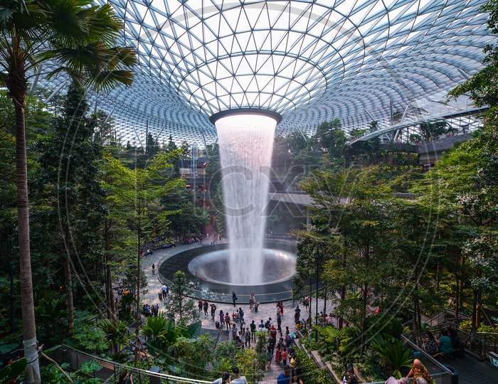 Jewel Changi Airport Rain Vortex. This is the largest indoor waterfall in the world and the centerpiece of Jewel Changi Airport. Singapore