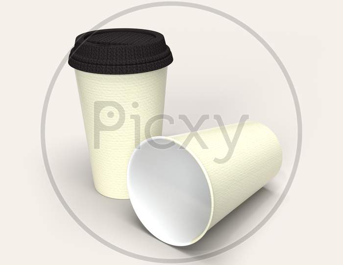 Realistic Paper Disposable Coffee Cup With Blank Mockups Isolated In White Background. Fast Food Lifestyle Concept, 3D Rendering