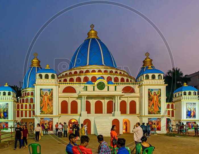 Picture of decorated Durga Puja pandal, Durga Puja is biggest religious festival of Hinduism. Shot at colored light, in Kolkata, West Bengal, India on October 2019