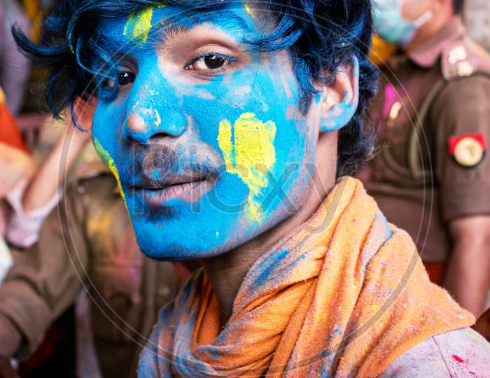 04 March 2020, Mathura, India.People Of Mathura Enjoying Holi With Colors In Mathura, India.