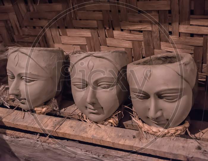 Clay Idol Face Of Goddess Durga, Under Preparation For "Durga Puja' Festival. Biggest Festival Of Hinduism, Celebrated All Over The World