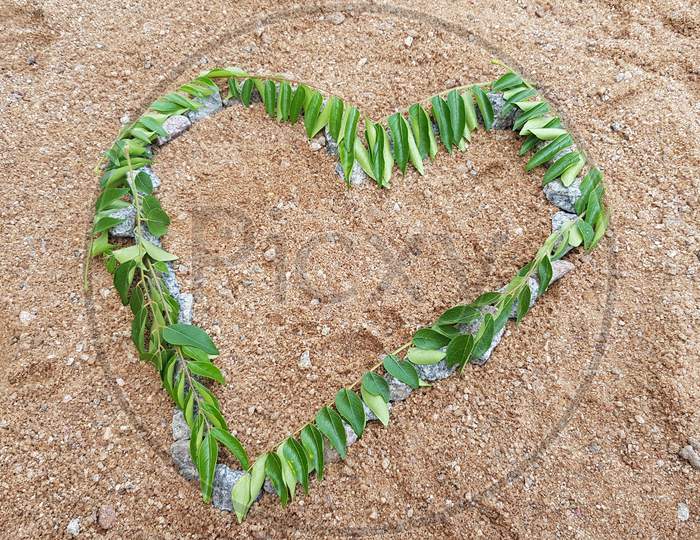 Heart shape Healthy curry leaves herb on sand background