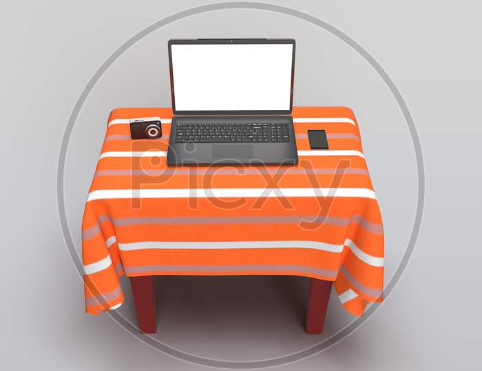 A Laptop With Blank Screen, A Digital Camera And A Smart Mobile Phone On A Covered Table With Blank Mockups Isolated In White Background, 3D Rendering