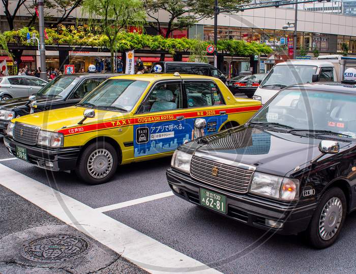 Taxi Cars On The Road In Central Tokyo, Japan