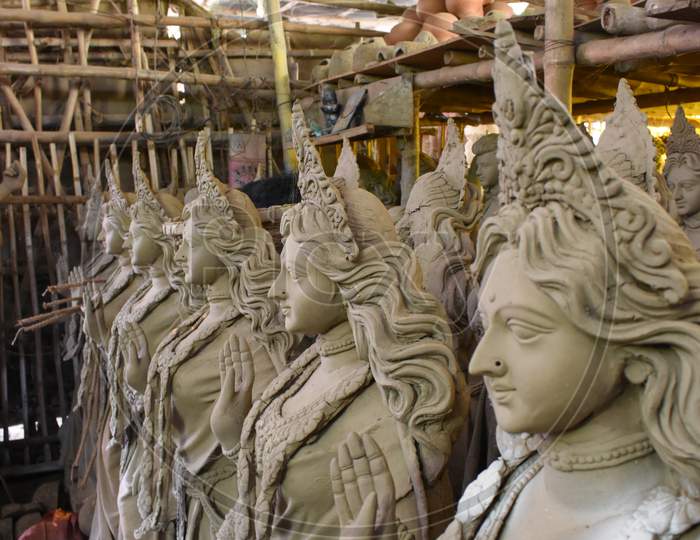Clay Idols Of Goddess Durga, Under Preparation For "Durga Puja' Festival. Biggest Festival Of Hinduism, Celebrated All Over The World.