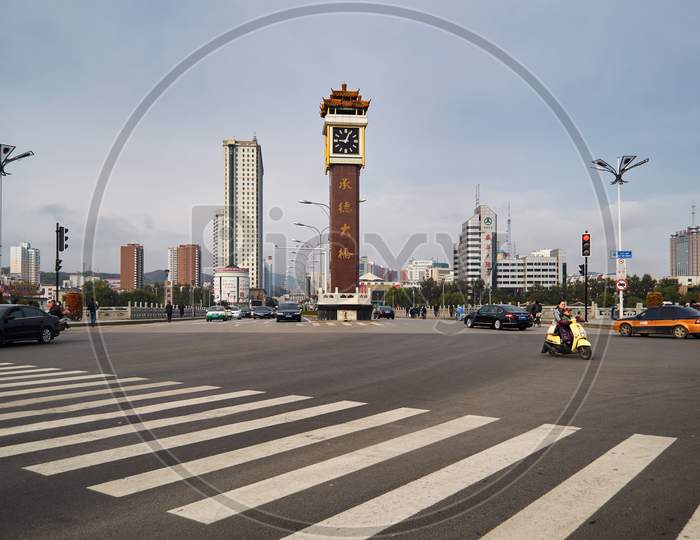 Clock Tower In Chengde City Center In Hebei Province In North China.