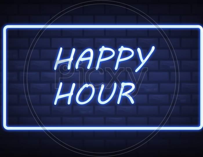 Happy Hour Neon Sign Illustration Use For Landing Page,Website, Poster, Banner, Flyer, Background, Gift Card, Coupon, Label,Sale Promotion, Advertising, Marketing.Bar Sign, Beer Sale Promotion.