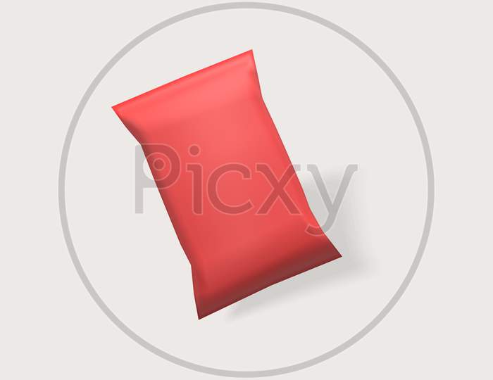 3D Render Red Packaging Mock Up Foil Bag For Packaging Design, Mockup For Food Snack, Chips, Cookies, Peanuts, Candy.On White Background