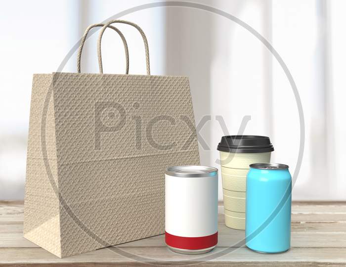 Realistic Looking Shopping Bag, Disposable Coffee Cup, Soda Can And Food Can With Blank Mockups At Wooden Table Top In Blurred Background, 3D Rendering