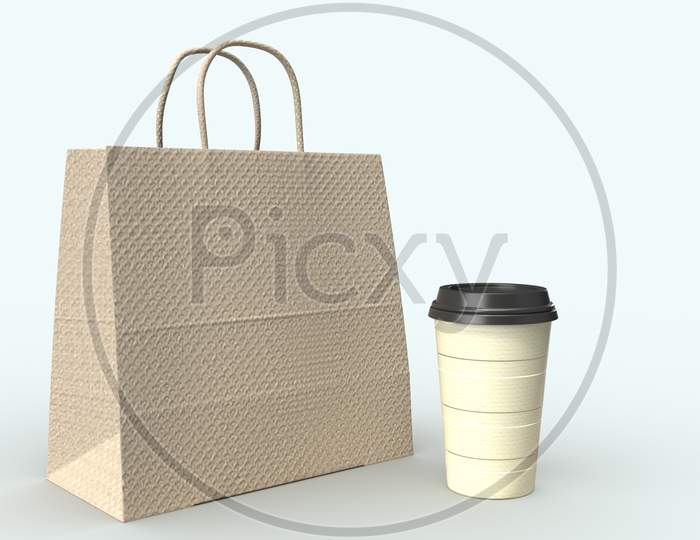 Realistic Looking Shopping Bag And Disposable Coffee Cup With Blank Mockups Isolated In White Background, 3D Rendering