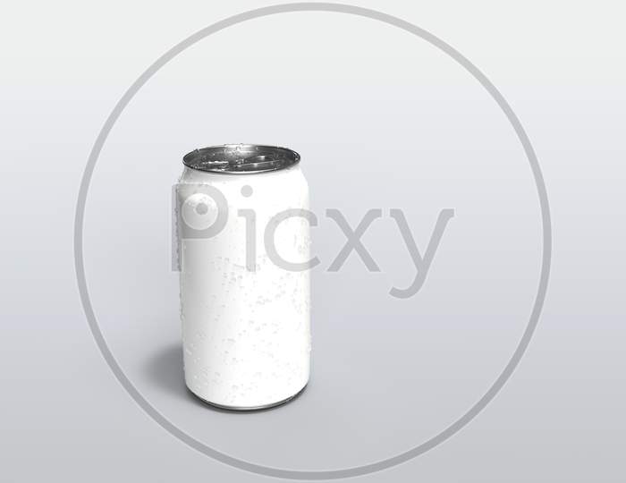 A White Metallic Soda Can With Liquid Condensation On Surface In White Background For Beverage Product Mockups, 3D Rendering