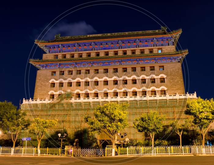 Night View Of Historic Zhengyang Gate In Qianmen Street, Beijing, China