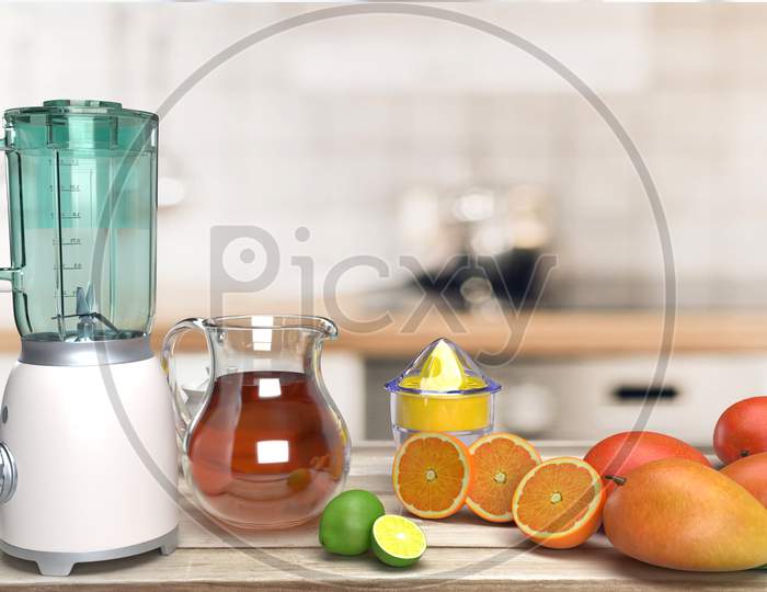 Realistic Looking Mixer Grinder, Glass Container And Ripe Fruits At Wooden Table Top In Blurred Kitchen Interior Background, 3D Rendering