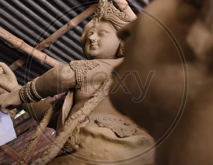Clay Idols Of Goddess Durga, Under Preparation For "Durga Puja' Festival. Biggest Festival Of Hinduism, Celebrated All Over The World.