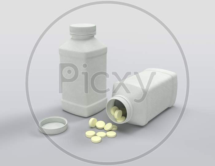 Pile Of Medical Pills And White Jar With Blank Mockups Isolated In White Background, 3D Rendering