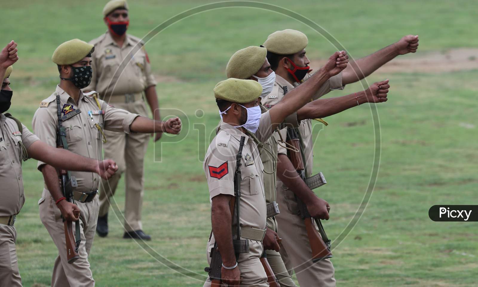 Jammu and Kashmir police rehearse march-past at the mini stadium ground ahead of Independence Day parade in Jammu, on August 9, 2020.